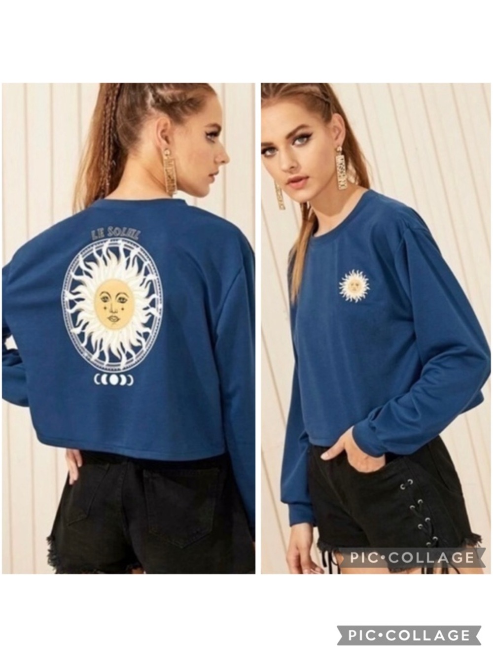 Le Soleil Crop Sweatshirt Blue Sun Print Terry Cloth S Streetwear Gorpcore